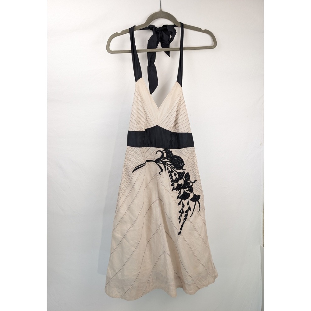 Anthropologie Floral Silk Babydoll Halter Dress Size 2 Tan Boho Whimsigoth Fairy - Picture 2 of 10